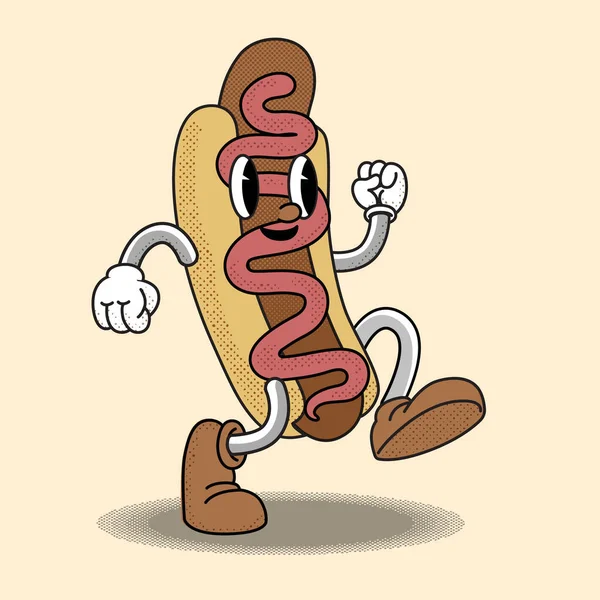 Styl Retro Kreskówki Hot Dog Narysowany Stylu Starych Kreskówek Idzie — Wektor stockowy