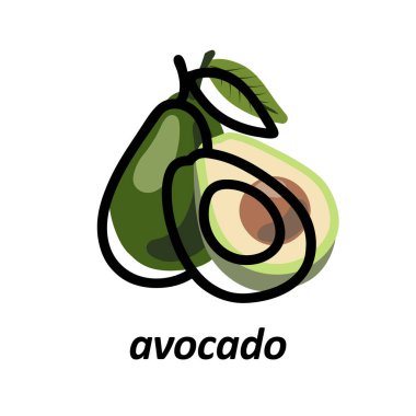 Avokado renkli ve siyah kalın çizgi silueti var. Dergi, kitap, poster, kart, menü kapağı, web sayfaları, simge için kullanılan beyaz arkaplanda farklı sebzeler izole edildi.