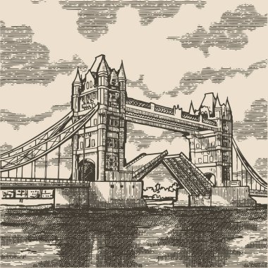 Londra 'nın sembolü Tower Bridge, bir ortaçağ oymacılığı tarzında illüstrasyon