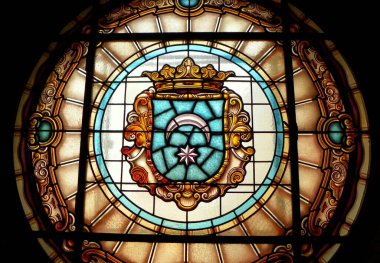 Spain, Pamplona, Plaza Consistorial, Pamplona City Council (Ayuntamiento de Pamplona - Iruneko Udala), colored stained-glass windows