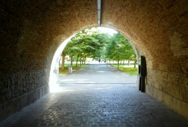 Spain, Pamplona, La Vuelta del Castillo, Citadel of Pamplona, Socorro Gate, entrance to the fortress