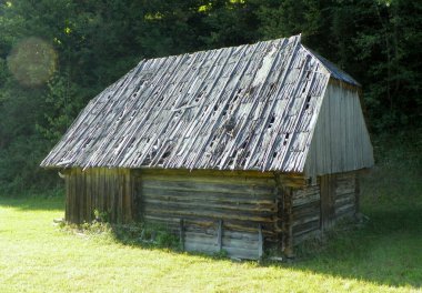 Ukrayna, Transcarpathia, Synevyrska Polyana, terk edilmiş ahşap kulübe