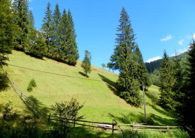 Ukrayna, Transcarpathia, Synevyrska Polyana, yüksek dağ vadisi ve manzara