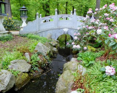 Polonya, Varşova, Lazienki Parkı (Kraliyet Hamamları Parkı), Çin bahçesi, taş köprü