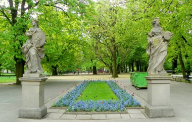 Polonya, Varşova, Sakson Bahçesi, rokoko kumtaşı heykelleri Rzezbiarstwo ve Malarstwo (Heykel ve Resim)