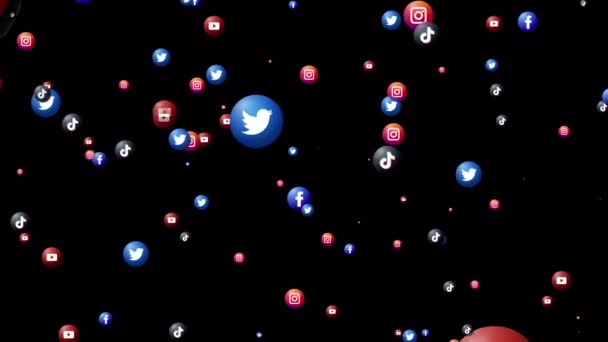 Iconos Redes Sociales Voladores Animados Flotando Hacia Fondo Alfa Pantalla — Vídeo de stock
