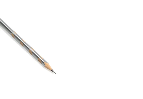 Pensil Perak Menunjukkan Titik Pada Latar Belakang Putih Dengan Spasi — Stok Foto