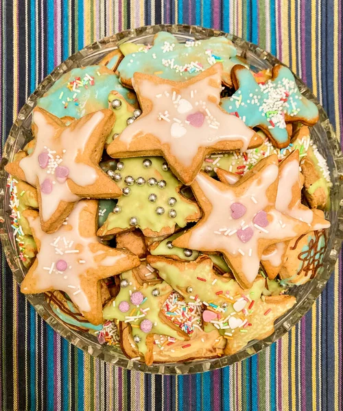 Christmas Cookies Colorful Icing Blue Plate — Stock Photo, Image