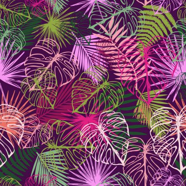 Birbiriyle örtüşen tropik, pürüzsüz palmiye ve canavar yaprağı deseni.