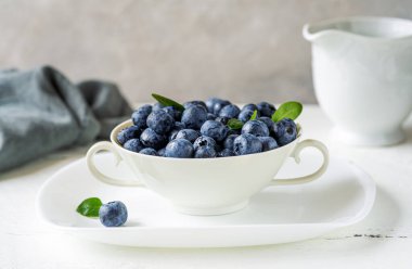 Beyaz çay fincanında taze yaban mersini, beyaz tabak ve süt sürahisi, beyaz ahşap masada gri peçete, gri beton arka plan, yakın plan, yazı için serbest alan. Sağlıklı atıştırma konsepti