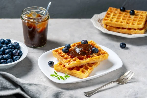 Belgian Waffles Chestnut Cream White Plate Blueberries Napkin Greek Basil — Stock Photo, Image