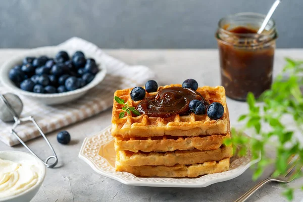 Belgian Waffles Chestnut Cream Blueberries Dairy Cream Greek Basil Concrete — Stock Photo, Image