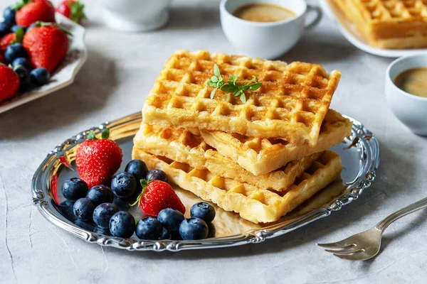 Belgian Waffles Berries Silver Plate Blueberries Strawberries Two Cups Coffee — Stock Photo, Image