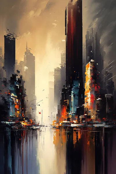 Abstrakt Stad Skyline Oljemålning — Stockfoto