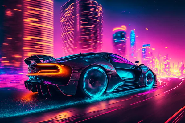 Futuristic Sports Car Drifting Neon Street — Stock Photo, Image