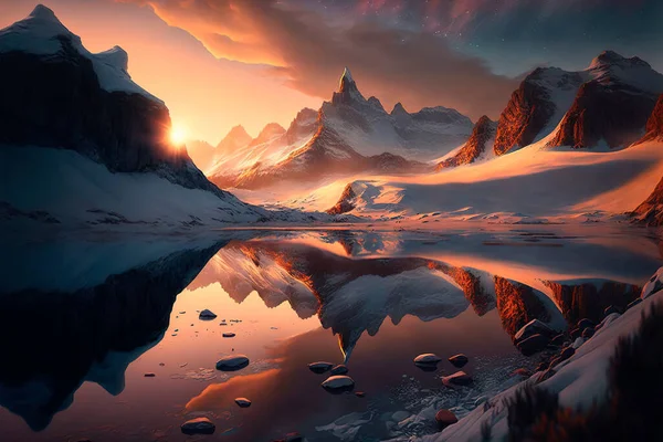 Ορεινό Τοπίο Χειμώνα Στο Ηλιοβασίλεμα — Φωτογραφία Αρχείου