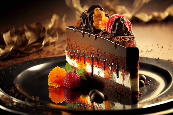 Chocolate Cake Slice Plate — Stock Photo, Image