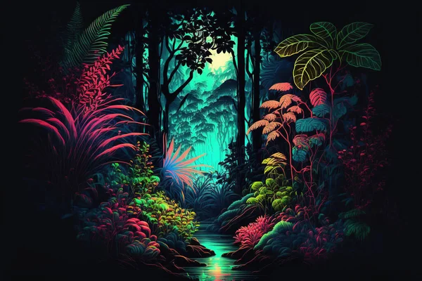Gece Tropikal Orman Arka Planı Atmosferik Renkli Yağmur Ormanları — Stok fotoğraf