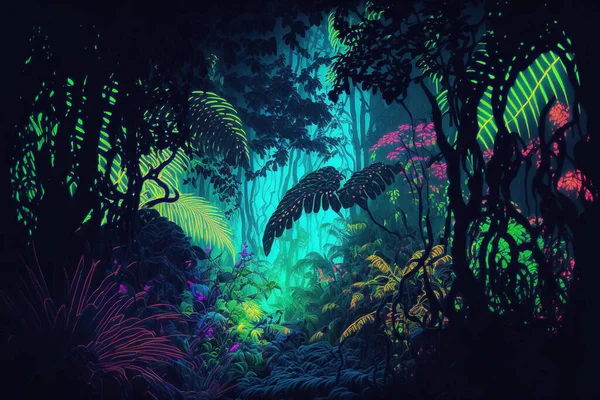 夜の熱帯ジャングルの背景 大気中のカラフルな熱帯雨林 — ストック写真
