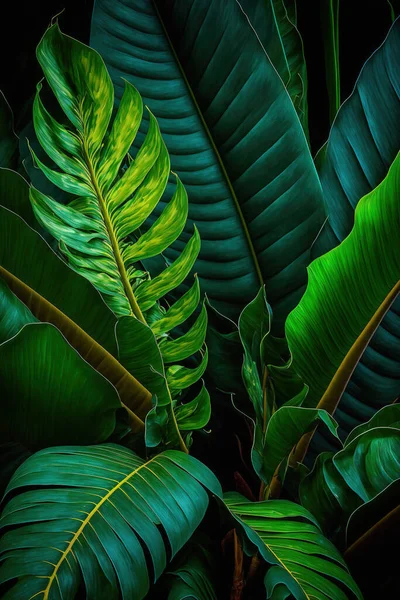 Folhas Tropicais Exuberantes Fundo Escuro — Fotografia de Stock