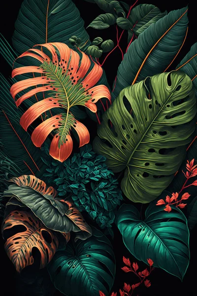 緑豊かな熱帯の葉 暗い背景 — ストック写真