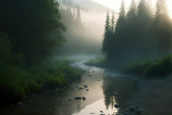 Mglisty Krajobraz Lasem Sosnowym Górami — Zdjęcie stockowe