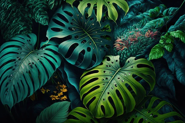 Folhas Tropicais Exuberantes Fundo Escuro Fotografias De Stock Royalty-Free