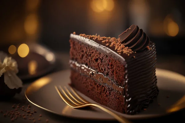 深色背景下的巧克力蛋糕片 图库图片