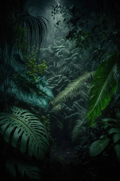Νυχτερινή Τροπική Ζούγκλα Ατμοσφαιρικό Τροπικό Δάσος — Φωτογραφία Αρχείου