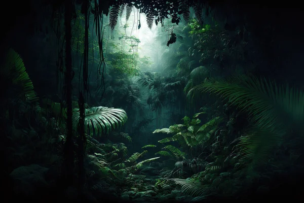 Gece Tropikal Orman Arka Planı Atmosferik Yağmur Ormanı — Stok fotoğraf