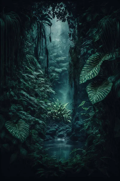 Νυχτερινή Τροπική Ζούγκλα Ατμοσφαιρικό Τροπικό Δάσος Φωτογραφία Αρχείου