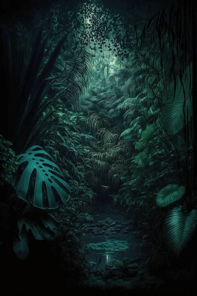 Νυχτερινή Τροπική Ζούγκλα Ατμοσφαιρικό Τροπικό Δάσος Εικόνα Αρχείου