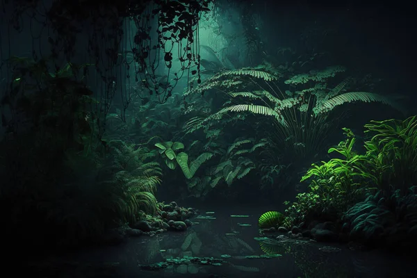 夜间热带丛林背景 大气雨林 免版税图库图片