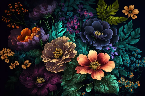 Πολύχρωμα Λουλούδια Ταπετσαρία Όμορφο Βοτανικό Υπόβαθρο Floral Φόντο — Φωτογραφία Αρχείου