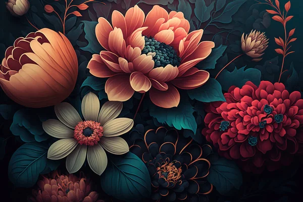 色彩斑斓的花朵墙纸 美丽的植物学背景 花卉背景 — 图库照片