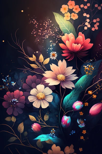Πολύχρωμα Λουλούδια Ταπετσαρία Όμορφο Βοτανικό Υπόβαθρο Floral Φόντο — Φωτογραφία Αρχείου