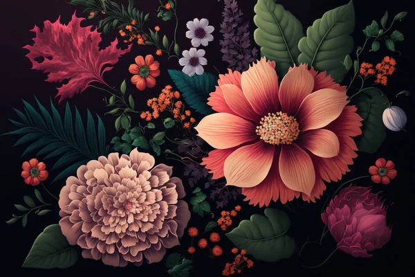 Πολύχρωμα Λουλούδια Ταπετσαρία Όμορφο Βοτανικό Υπόβαθρο Floral Φόντο Εικόνα Αρχείου