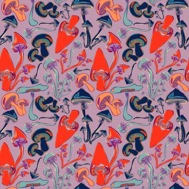 Renkli mantarlı, dikişsiz sonbahar deseni. Kumaş, ambalaj, tekstil, baskı, şablon, kart için botanik vektör tasarımı. Cadılar Bayramı deseni