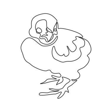 Küçük şirin tavuğun aralıksız çizdiği tek çizgi. Eğlenceli tavuk çiftliği. Bir çizgi tasarımı vektör illüstrasyonu