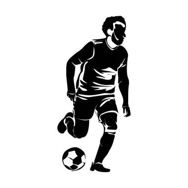 Futbolcu, futbolcu topa vuruyor, futbolcu şut atıyor ve gol atıyor, bir oyuncu galibiyet izole edilmiş siyah silueti seçiyor.