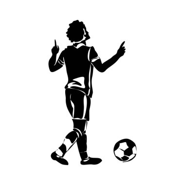 Futbolcu, futbolcu topa vuruyor, futbolcu şut atıyor ve gol atıyor, bir oyuncu galibiyet izole edilmiş siyah silueti seçiyor.