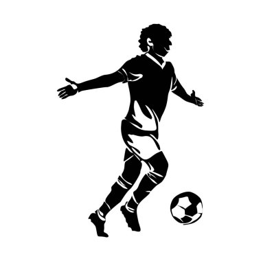 Futbolcu, futbolcu topa vuruyor, futbolcu şut atıyor ve gol atıyor, bir oyuncu galibiyet izole edilmiş siyah silueti seçiyor.
