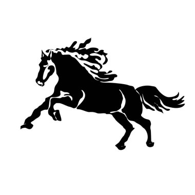 unning Horse siyah-beyaz siluet izi, poster, logo şablonu. At vektörü çizimi