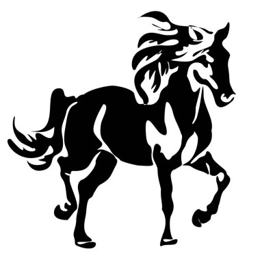 unning Horse siyah-beyaz siluet izi, poster, logo şablonu. At vektörü çizimi