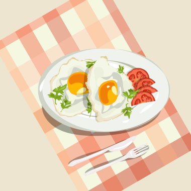 Tabakta yeşil ve domatesli yumurta ve masa örtüsü. Sağlıklı kahvaltı kavramı