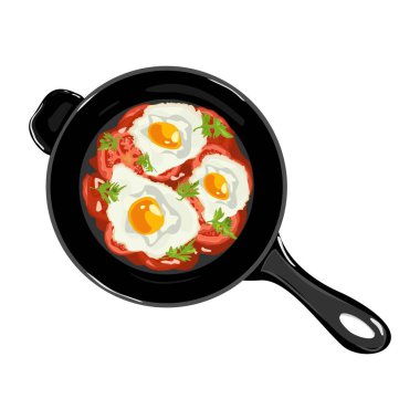 Domatesli yumurta ve sebze kızartma tavası. Shakshuka. Sağlıklı kahvaltı kavramı