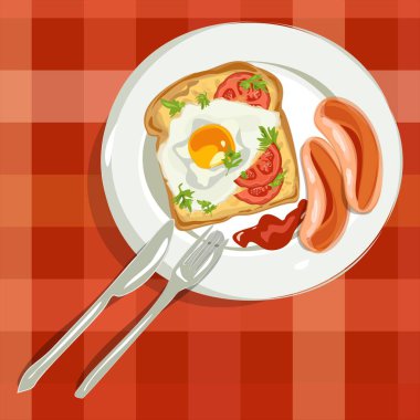 Kızarmış yumurta, sosis, yeşillik ve domates tabakta ve masa örtüsüyle. Sağlıklı kahvaltı kavramı