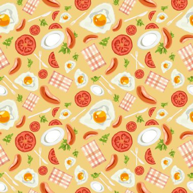 Kızarmış yumurtalı, yeşillikli ve domatesli mükemmel desenli sağlıklı kahvaltı konsepti