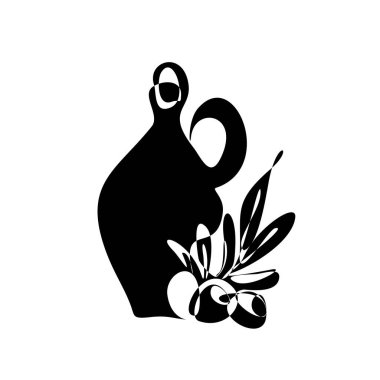 Şişede zeytinyağının siyah silueti ve meyve ve yeşil yapraklarla süslenmiş dal. Yemek, sos ve mutfak malzemeleri için ekstra doğal saf yağlı izole cam kavanoz.