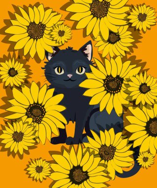Şirin siyah kedi ayçiçeği bitkilerinin arasında huzur içinde oturur. çizgi film stili illüstrasyonu